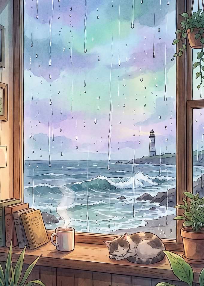 Cozy Rainy Window View with Cat