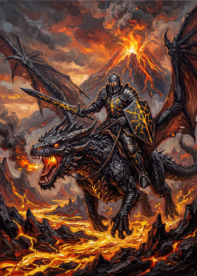 Knight Riding Dragon Over Volcano