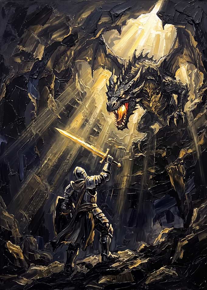 Knight Facing Dragon in Cave