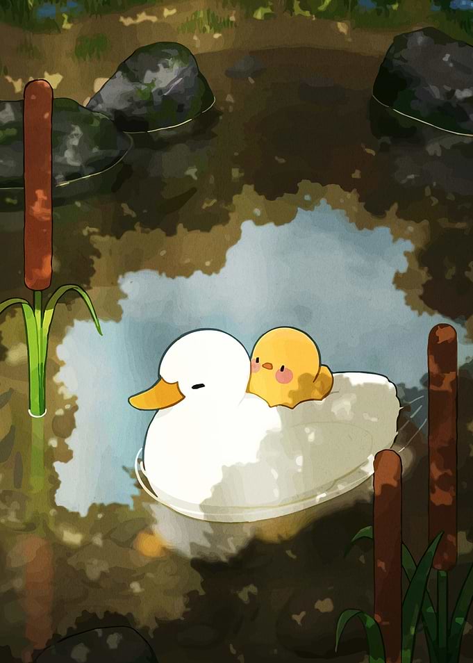 Cute Duckling Riding a White Duck