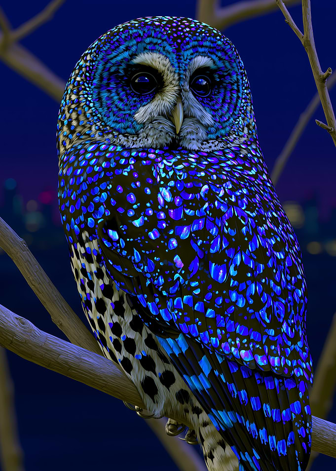 Vibrant Neon Blue Spotted Owl