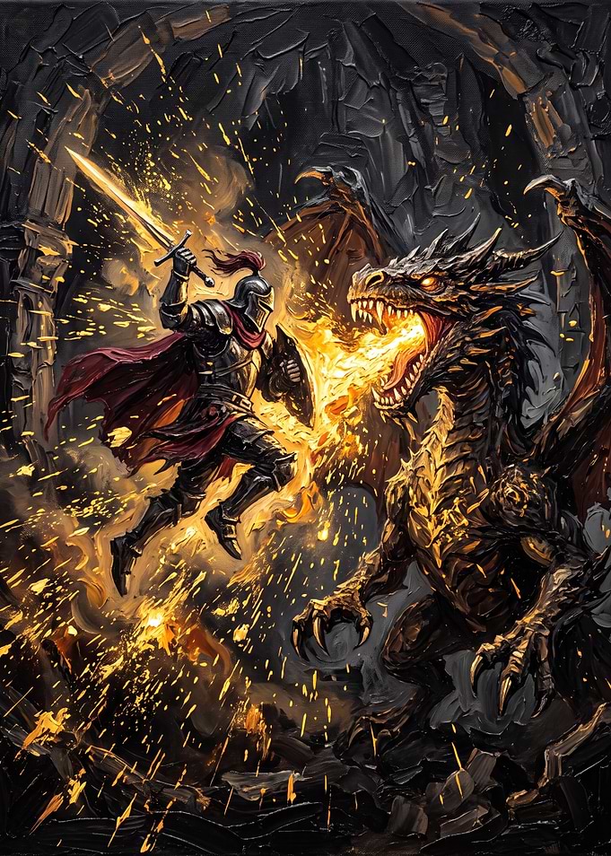 Knight Battling Fire-Breathing Dragon