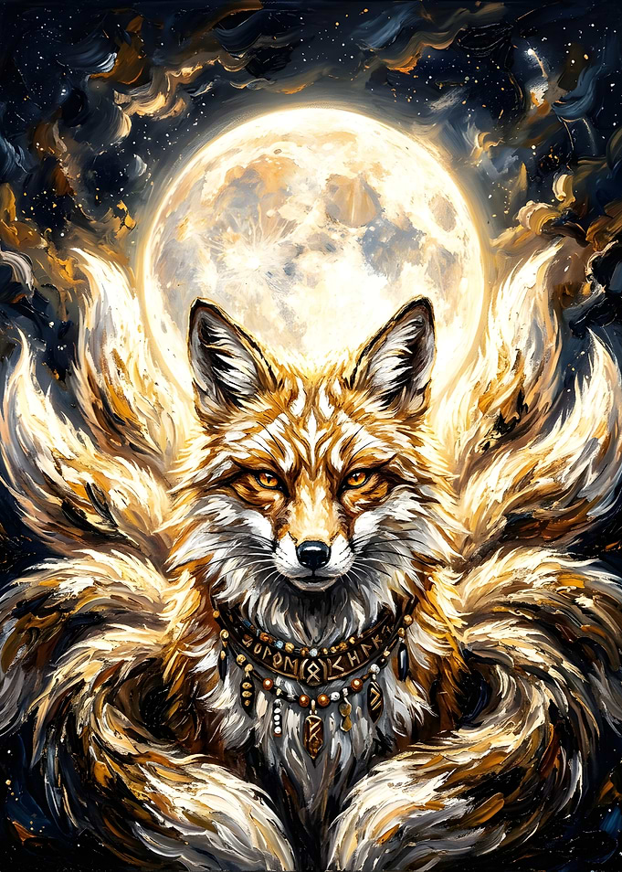 Nine-Tailed Fox Under Full Moon