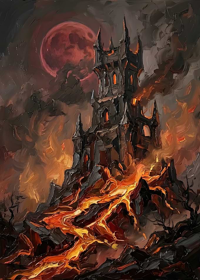 Dark Gothic Castle on Volcanic Mountain