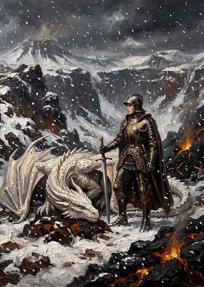 Knight and White Dragon in Snow