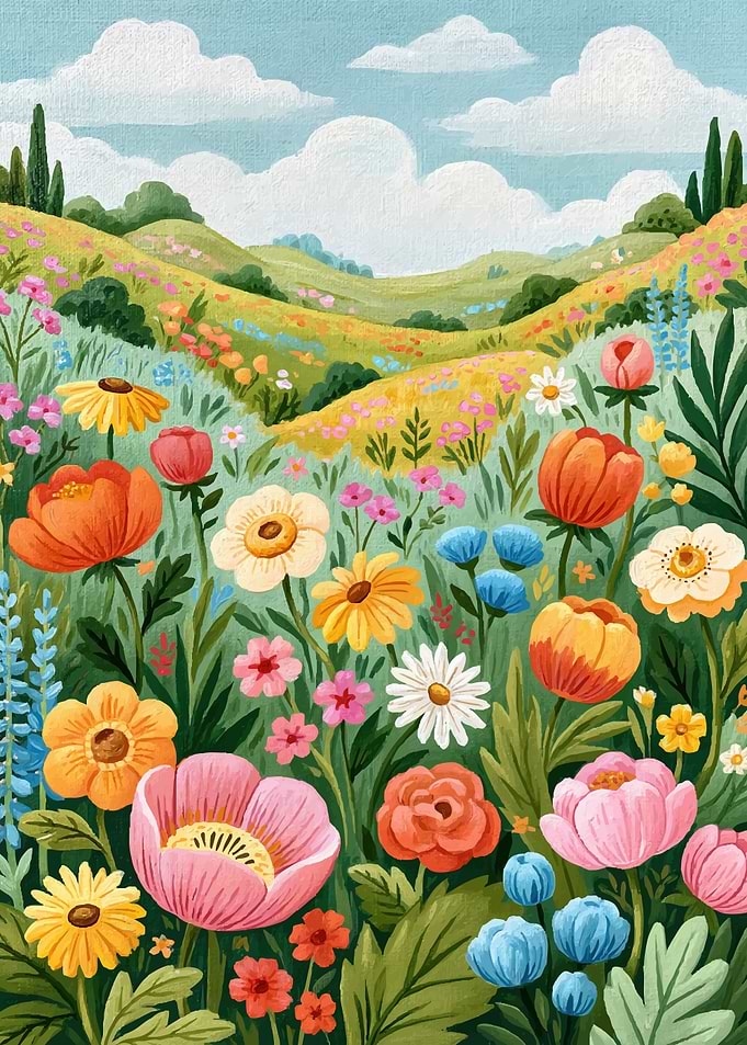 Vibrant Wildflower Meadow Landscape Painting