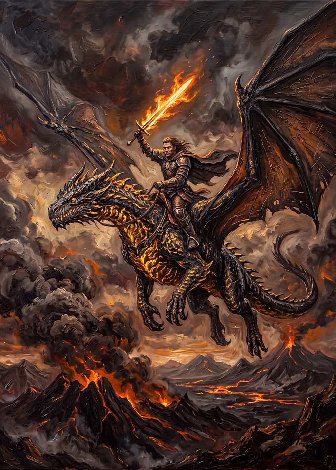 Warrior Riding Dragon Over Volcanic Landscape