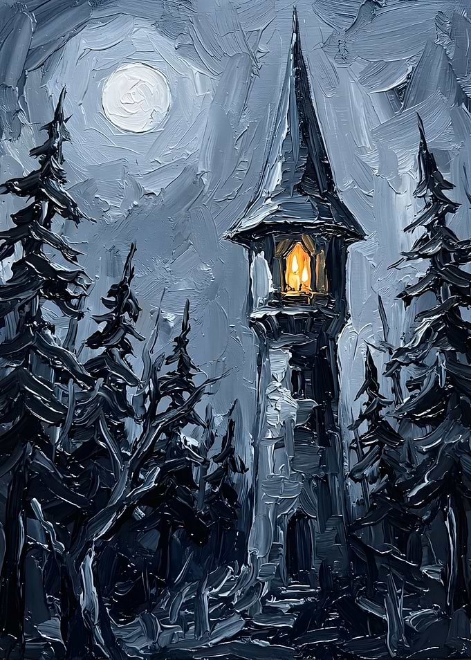 Oil Painting of Tower in Forest
