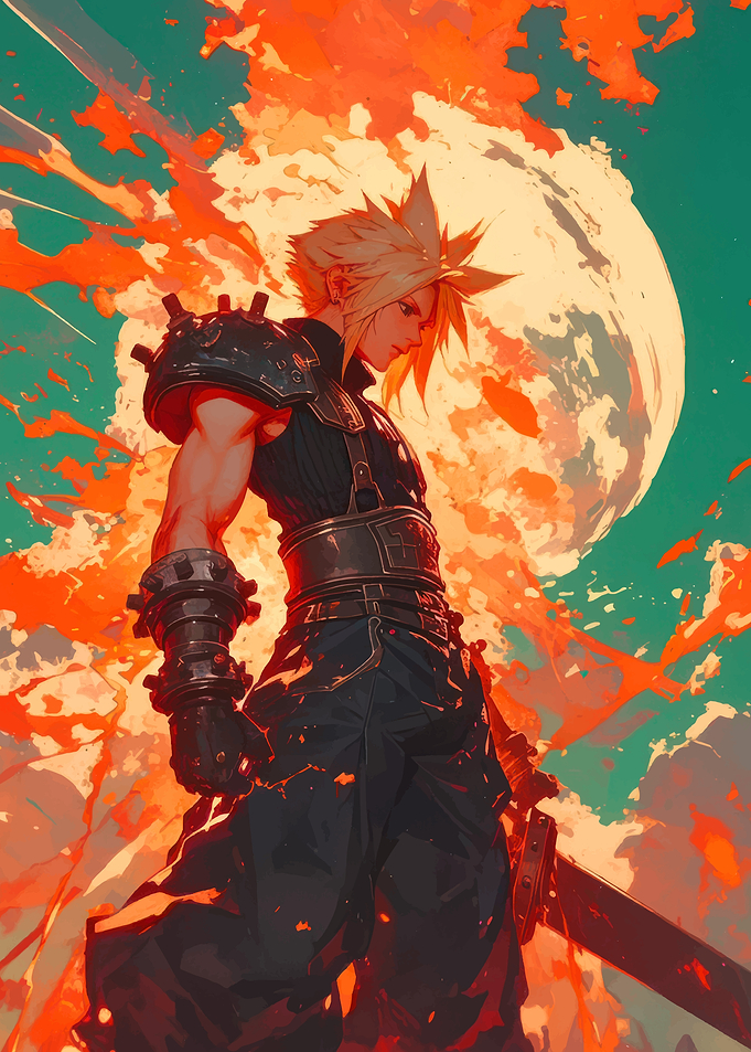 Cloud Strife Amidst Fiery Explosion