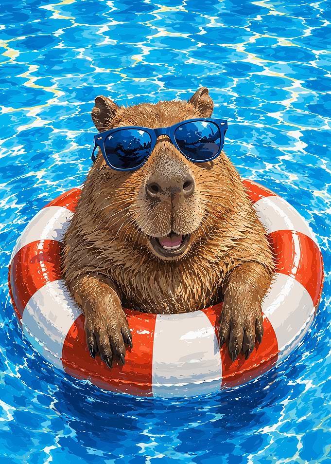 Happy Capybara Pool Wall Art Poster with Sunglasses | Cute Summer Animal Decor