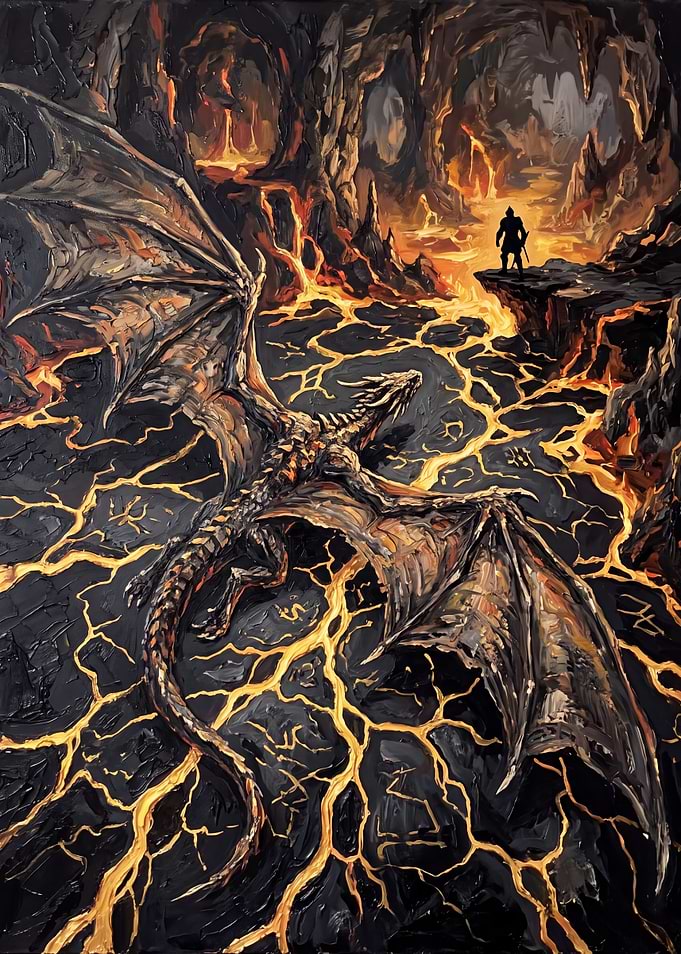 Knight Confronting Dragon in Lava Cave
