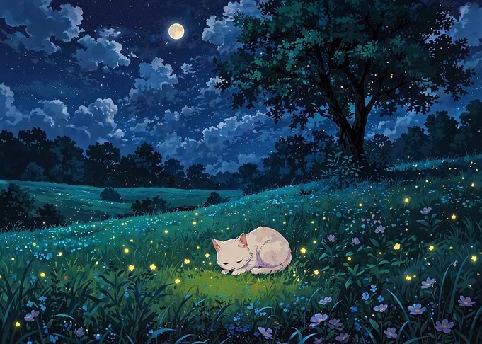 Sleeping Cat in Magical Night Meadow