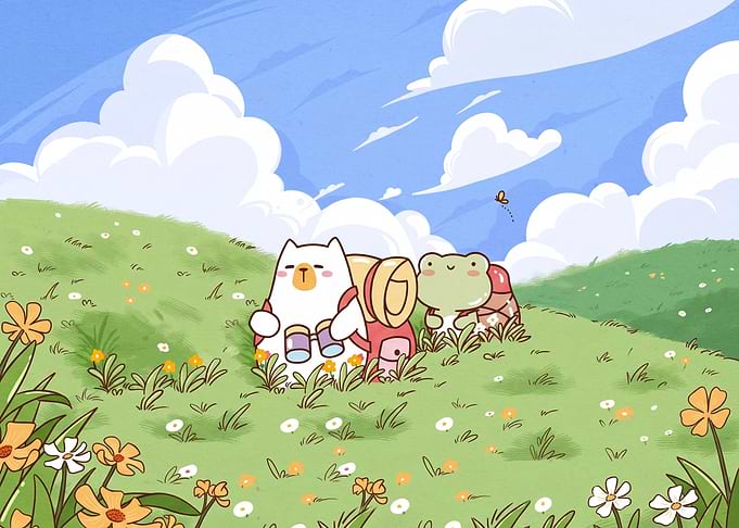 Cute Bear and Frog Hiking