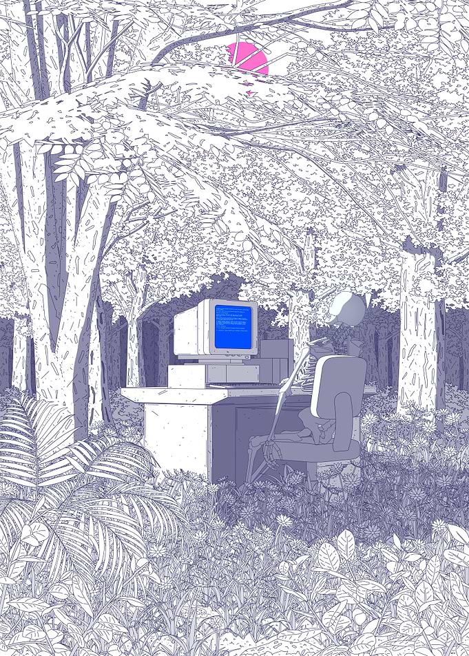 Skeleton Working on Computer in Forest