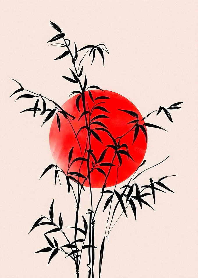 Minimalist Bamboo and Red Sun Art