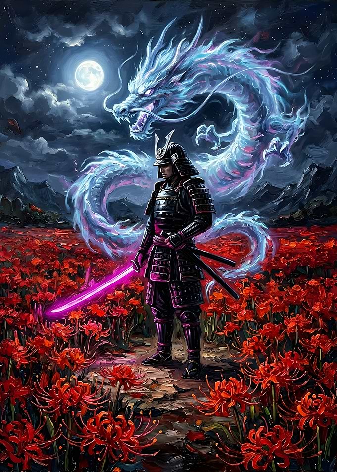 Samurai with Neon Dragon and Flowers