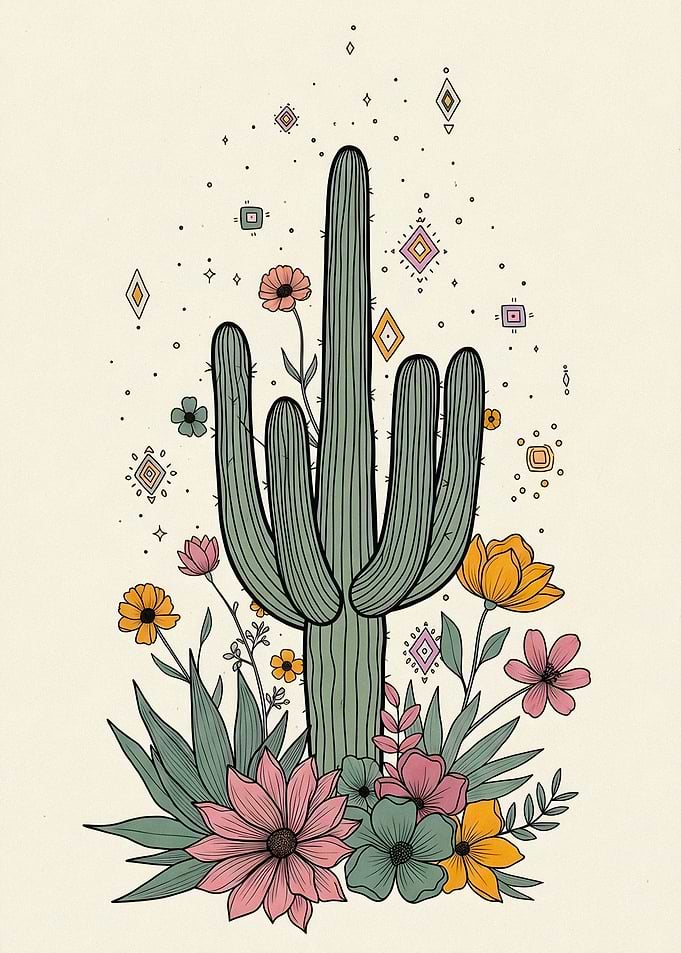 Boho Saguaro Cactus and Floral Illustration
