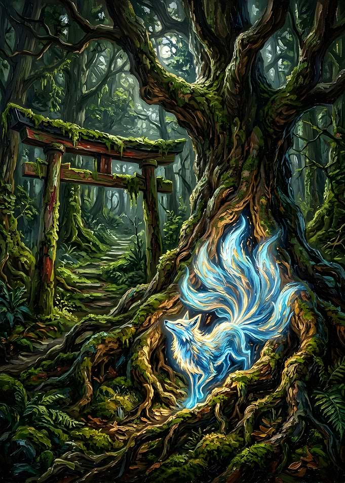 Glowing Nine-Tailed Fox in Forest