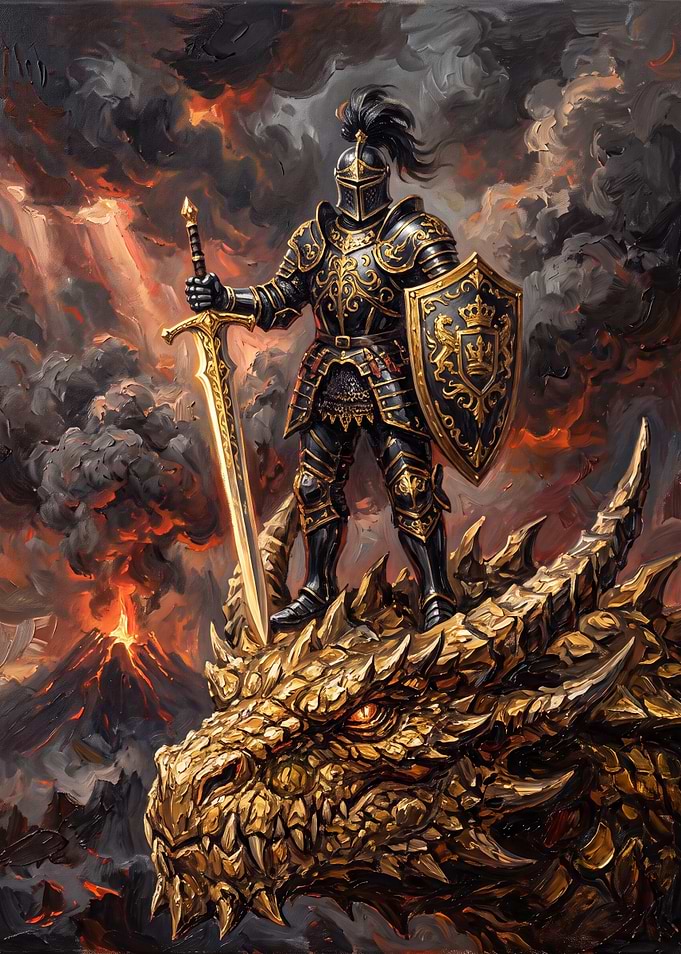 Knight Standing on Golden Dragon