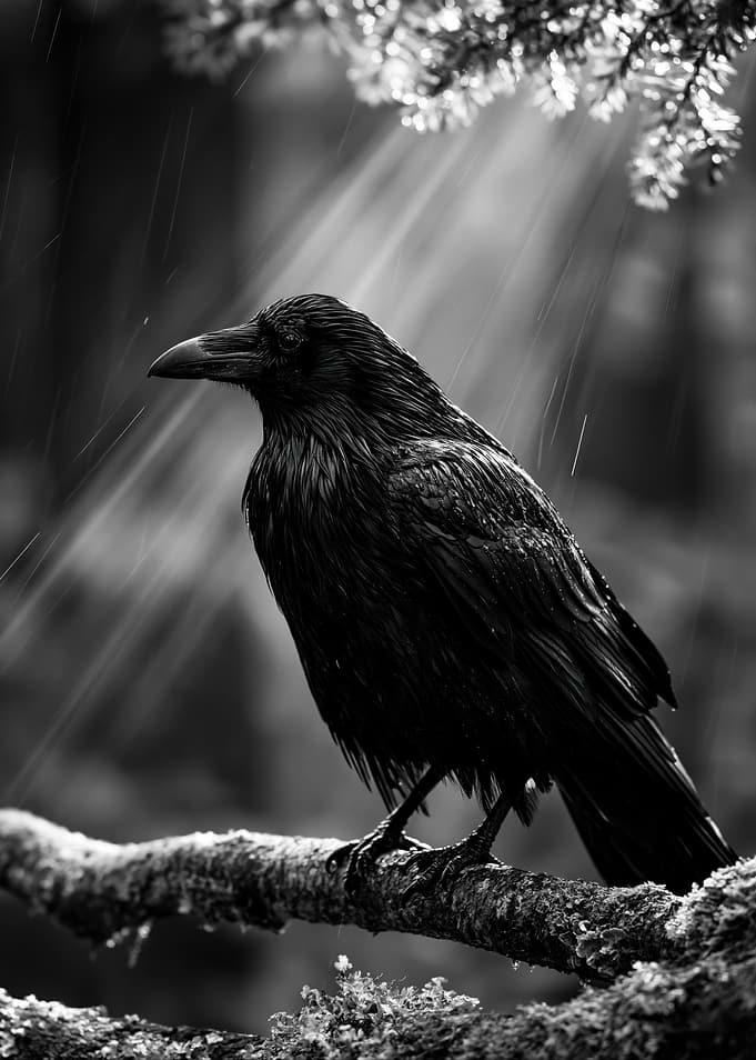 Black Raven Perched in Rain