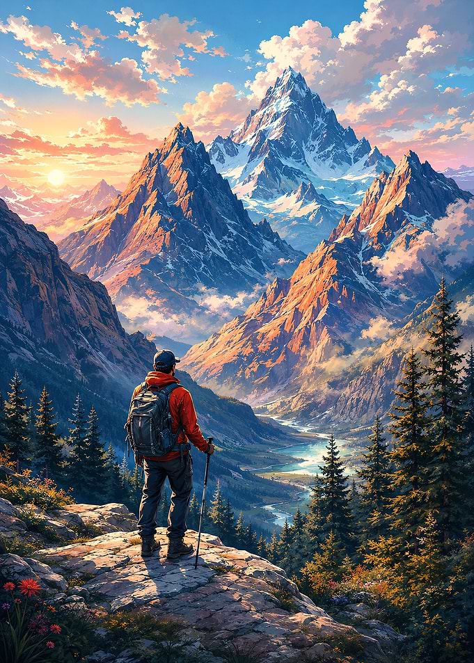 Hiker Overlooking Majestic Mountain Valley Epic Alpine Adventure