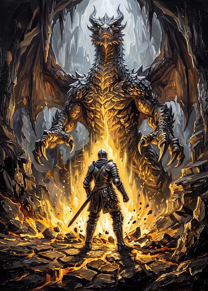 Knight Facing a Massive Dragon