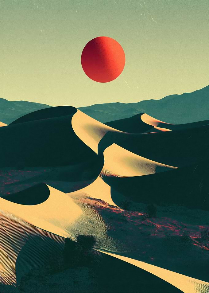 Surreal Desert Landscape with Red Sun