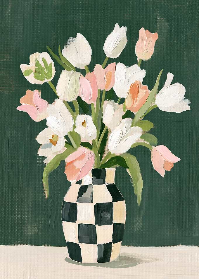Tulips in Checkered Vase Painting