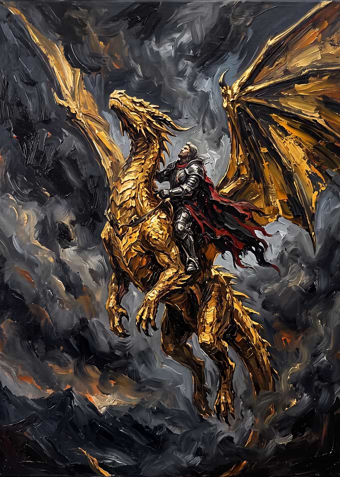Knight Riding Golden Dragon Painting