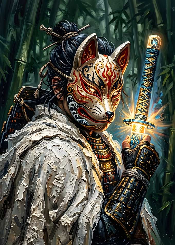Kitsune Mask Samurai with Glowing Katana