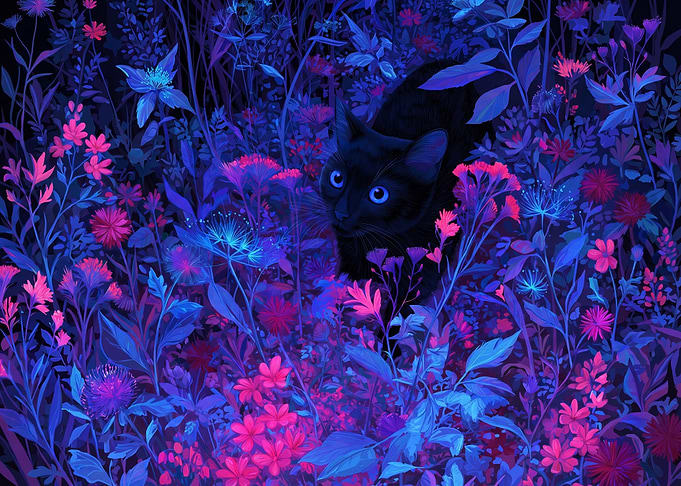 Black Cat in Neon Floral Garden