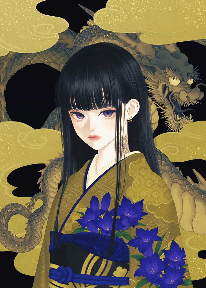 Anime Girl with Golden Dragon