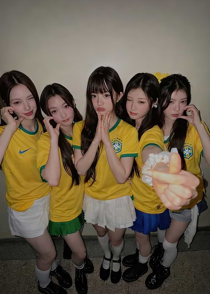 NewJeans members in Brazil soccer jerseys