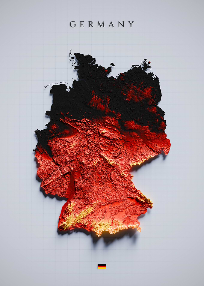 Germany Topographic Map - Color Shaded Relief, 3D Elevation Poster