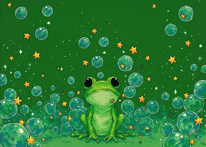Cute Frog Surrounded by Bubbles and Stars