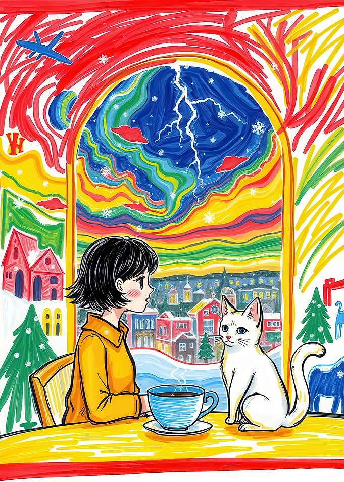Girl and Cat Watching Stormy Window