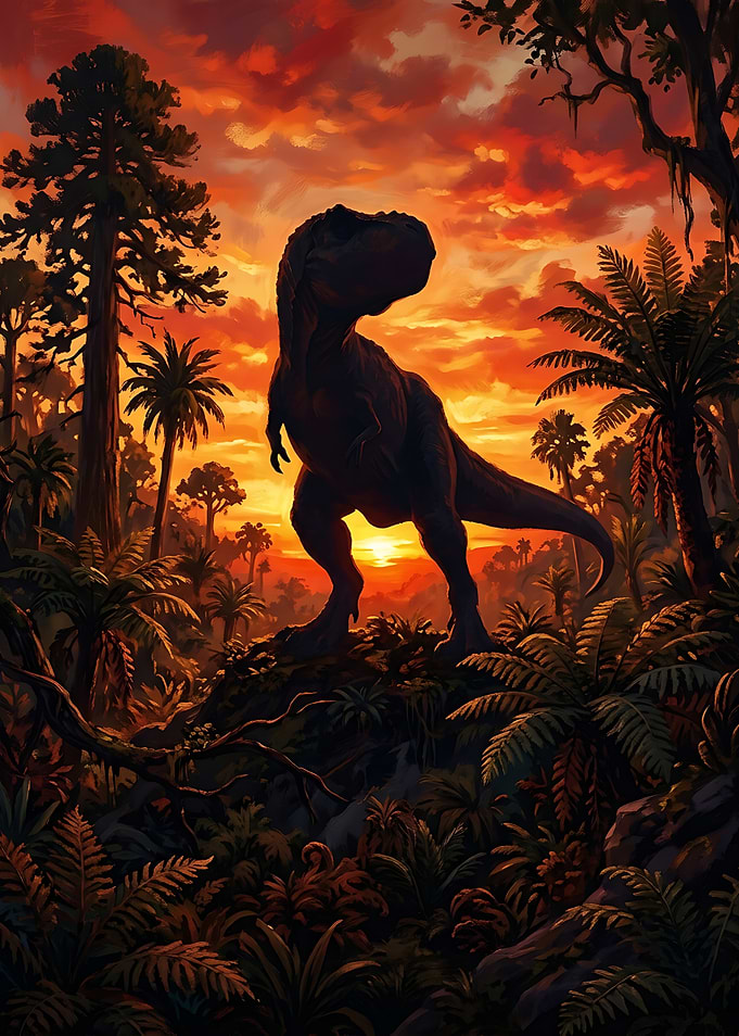 T-Rex at Sunset | Prehistoric Dinosaur Jungle Wall Art