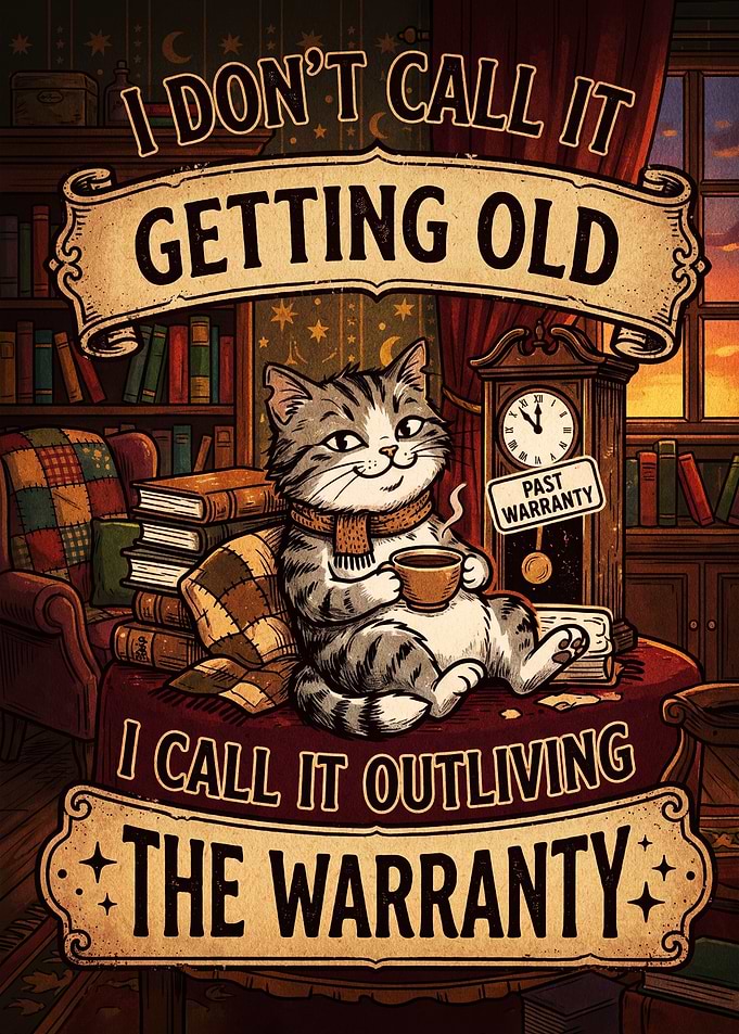Outliving the Warranty Cat Illustration