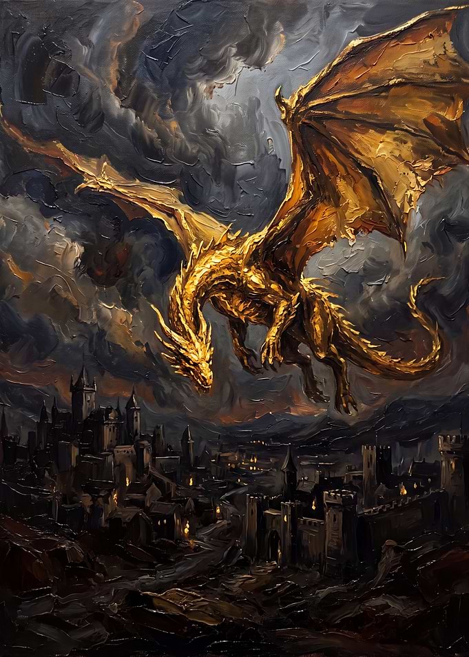 Golden Dragon Over Medieval Castle