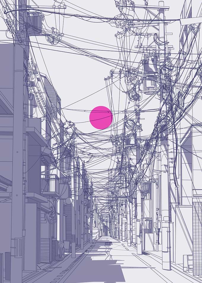 Japanese Street with Pink Sun