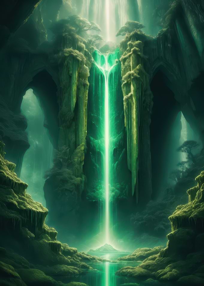Emerald Cascade — Luminous Waterfall in a Hidden Cavern