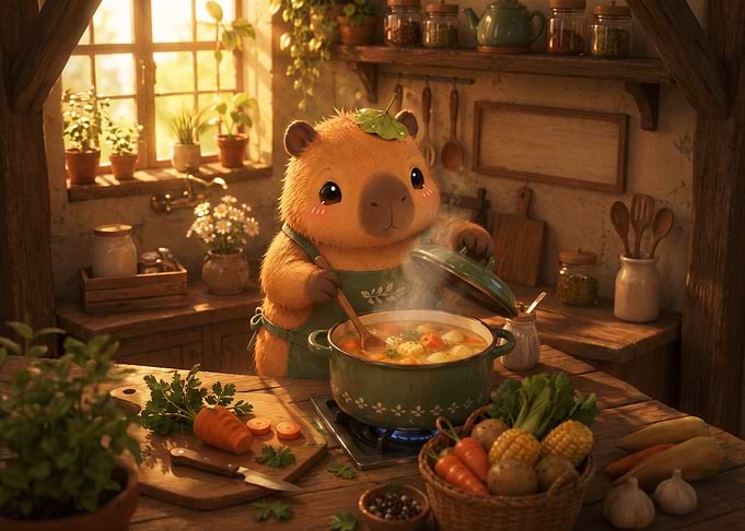 Cute Capybara Cooking Vegetable Soup