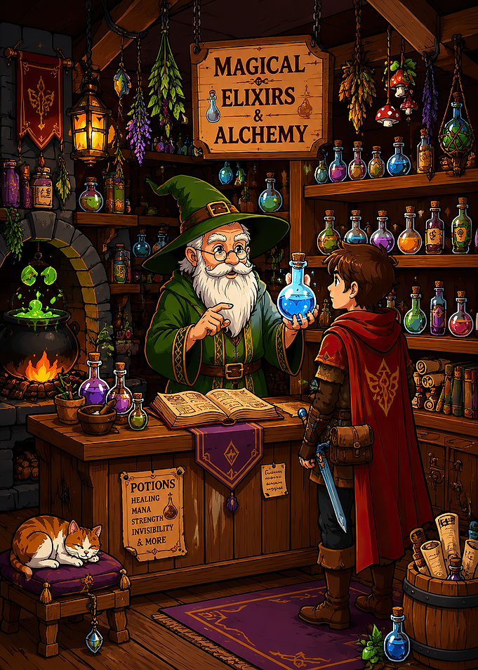 Wizard Teaching Apprentice in Potion Shop