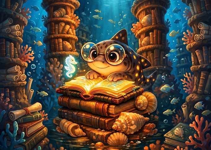 Cute Shark Reading Underwater Library