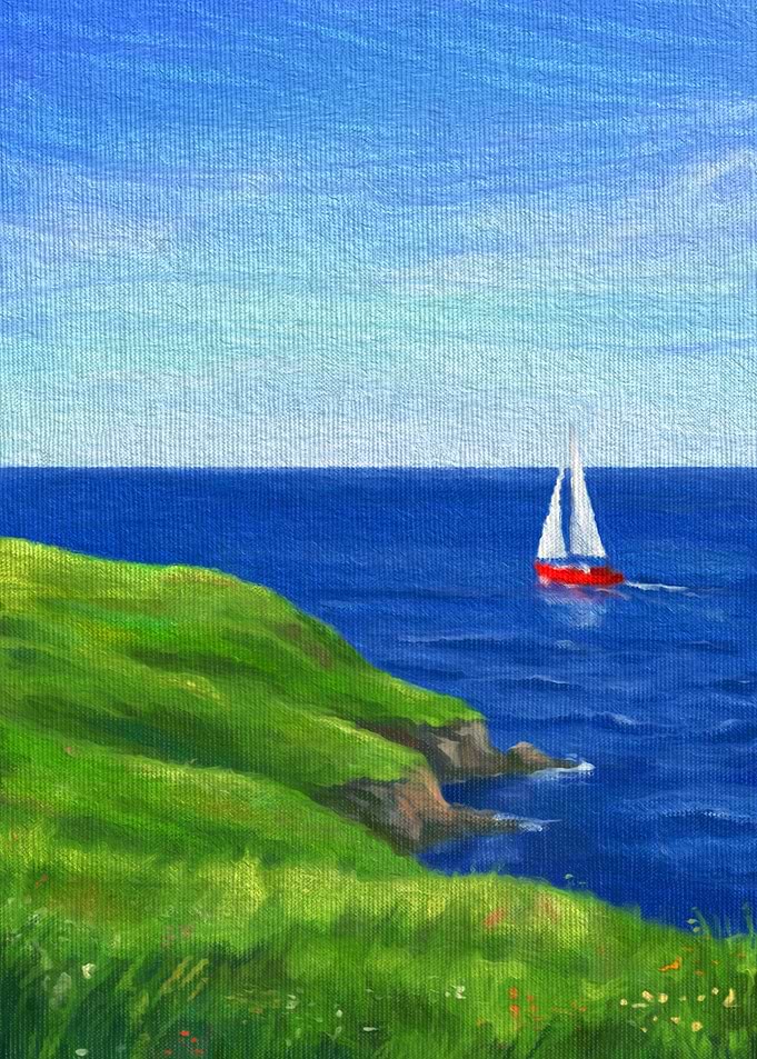 Red Sailboat on Blue Ocean