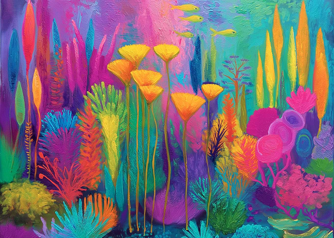 Golden Flowers of the Deep. Vibrant Underwater Coral Reef Painting