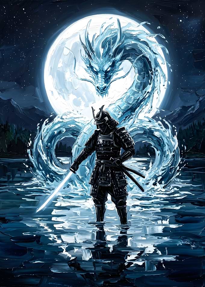 Samurai and Water Dragon Under Moon