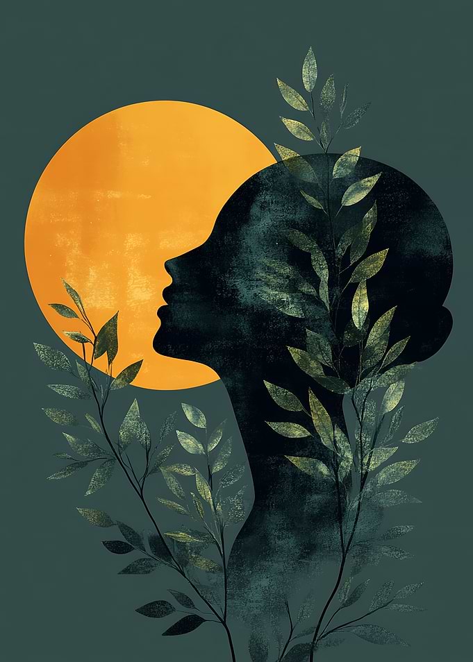 Minimalist Silhouette with Sun and Foliage