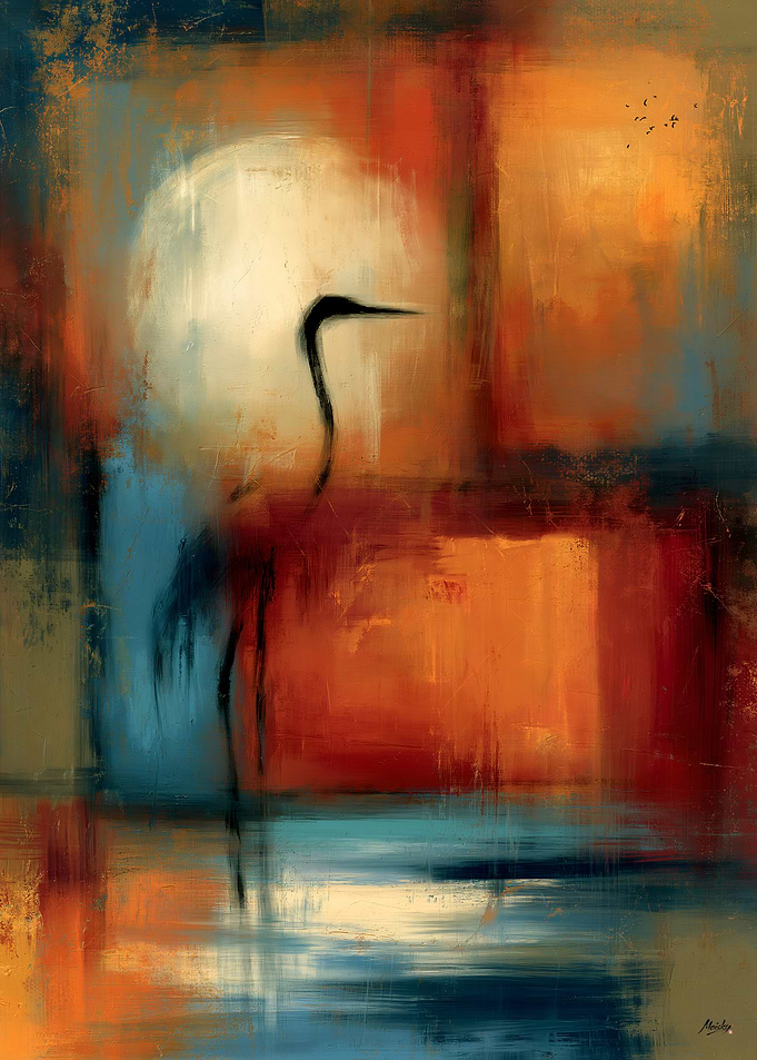 Luminous Atmospheric Abstract Modernism No. 04 – Crimson Heron Moon Wall Art