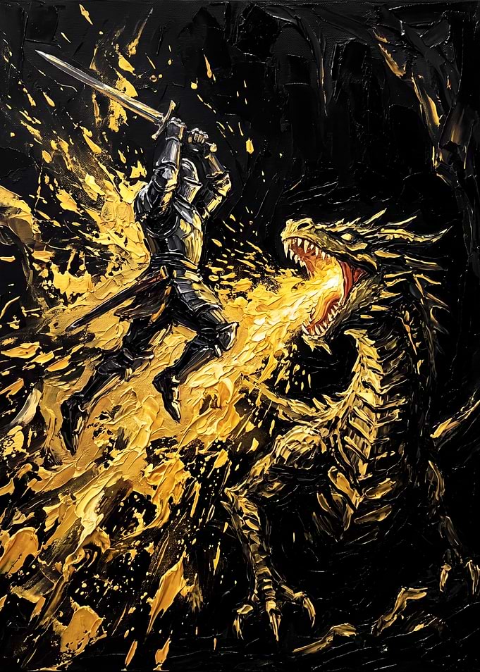 Knight Fighting Fire-Breathing Dragon